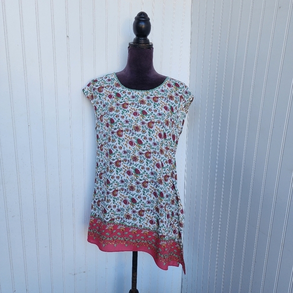 Max Studio Floral Cap Sleeve Asymmetrical Top Blouse Woman's White Pink Green S - Picture 2 of 13